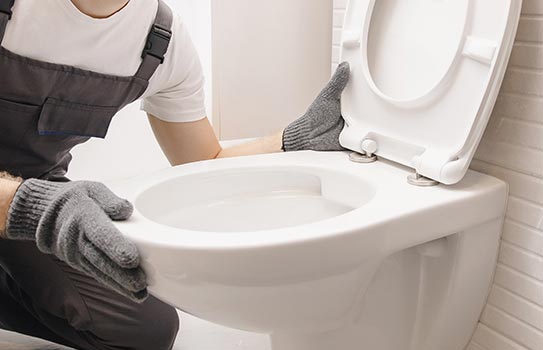 Professional worker installing toilet