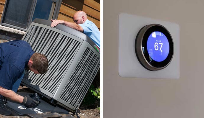 Collage of AC installation and a wall-mounted smart thermostat