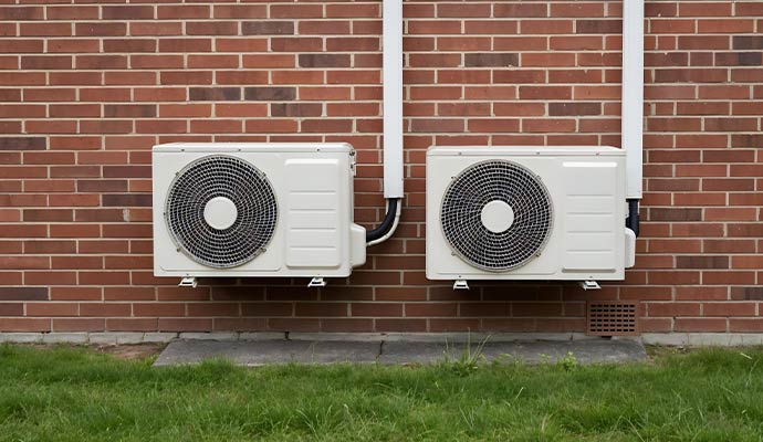 Two ductless mini split AC outdoor condenser units 