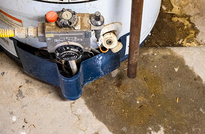 close up of an old leaking water heater that needs replaced