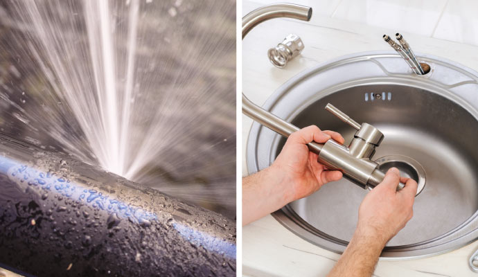 collage of burst pipe and sink installation