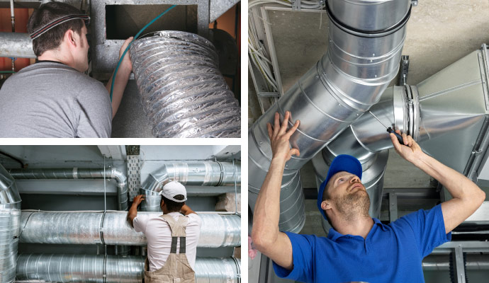 Collage of duct cleaning, repair, and replacement