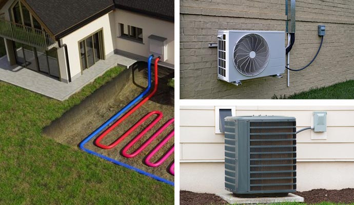 Collage of ductless, central ac and geothermal-units