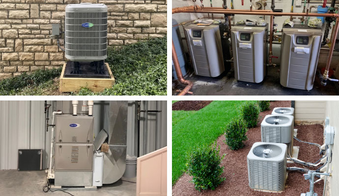 Collage of heat pump, boiler system, a gas furnace, and outdoor HVAC units