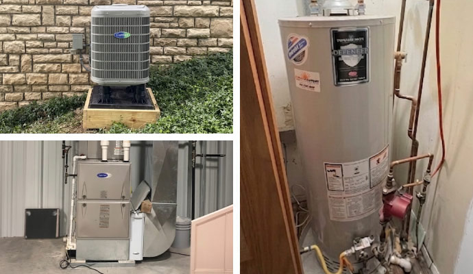 Collage of heat pump, gas furnace, and boiler