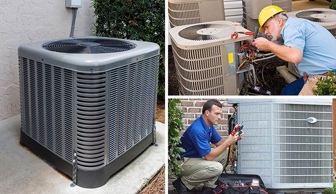 A collage showing outdoor AC unit installation and repair services.