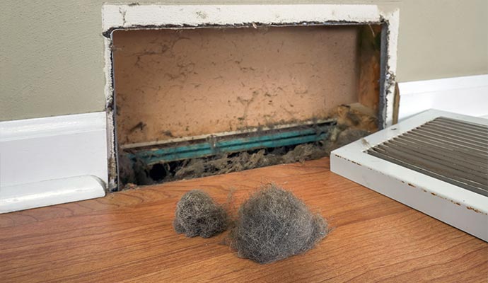 Close-up view of dirty air duct