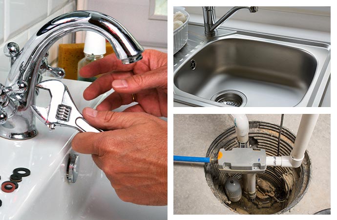 collage of faucet, sink, sump-pump repair and installation