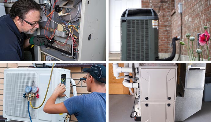 Collage showing technicians repairing a furnace and servicing various residential heating systems