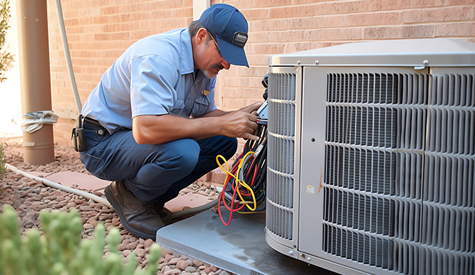 Technician working on an outdoor HVAC unit