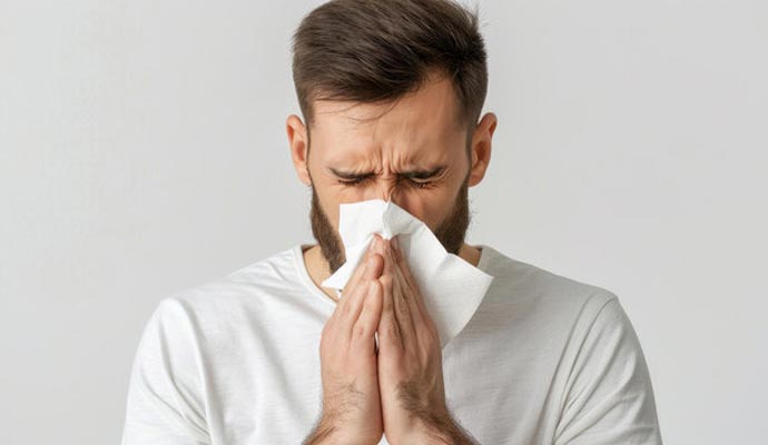 Man sneezing into a tissue due to allergies