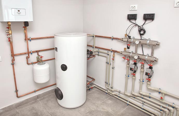 Installed hydronic boiler heating system with manifolds and piping