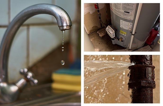 collage of leaky faucet, broken pipe and heater issue