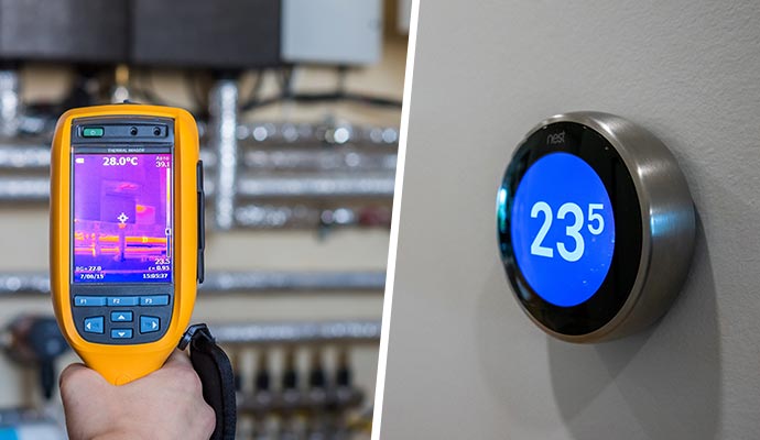 Collage of plumbing leak detection and smart thermostat