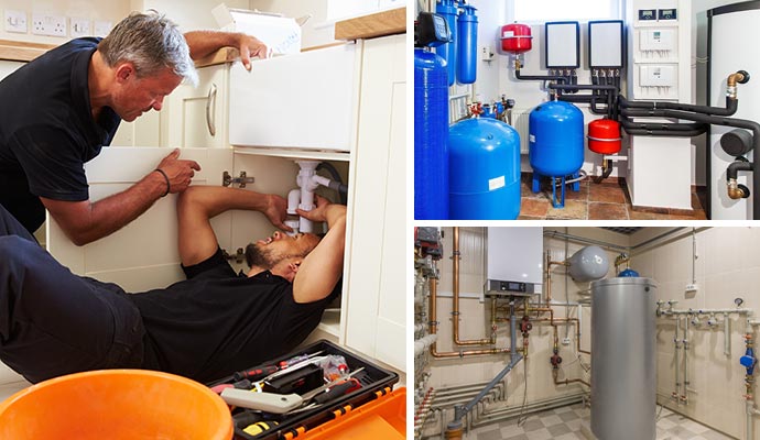Collage of plumbing maintenance water filtration system and hot water heater