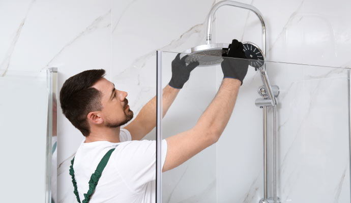 Technician installing a rainfall showerhead in a bathroom