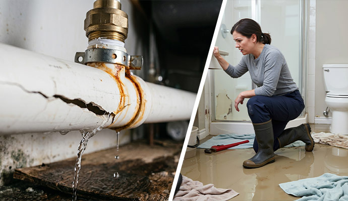 Collage of leaking pipe and flooded bathroom floor