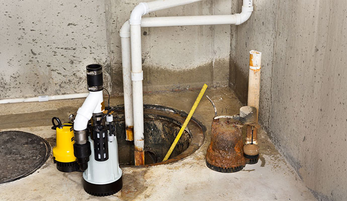 New submersible sump pump replacing rusted old pump