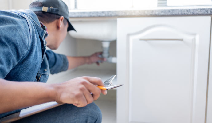 Professional worker inspecting plumbing