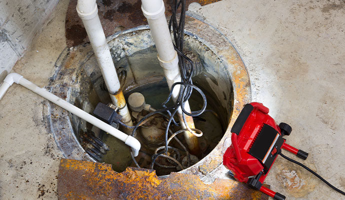 Sump pit with rusted cover and illuminated work light