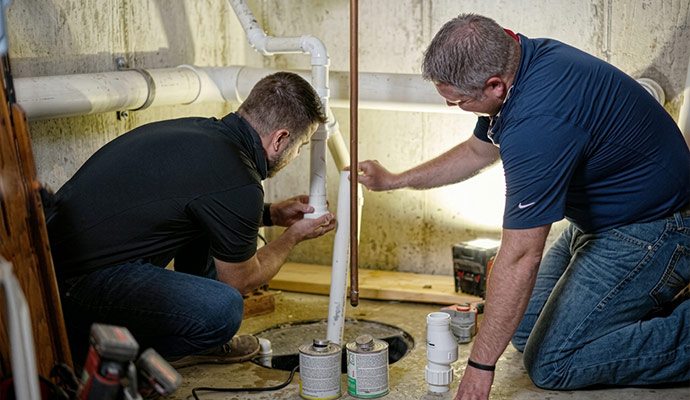 Technicians repairing basement sump pump system