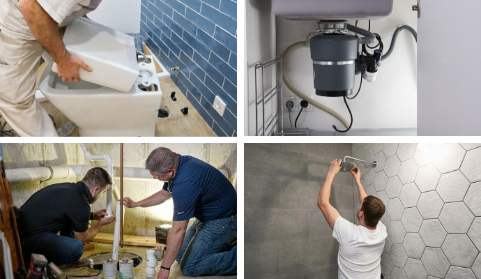 Collage of toilet installation, garbage disposal , sump pump repair, and shower head setup