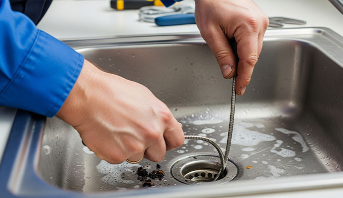 Technician clearing clogged sink drain with plumbing snake