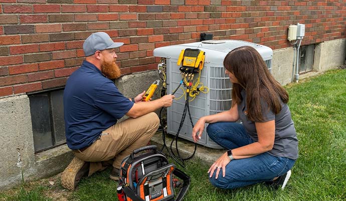 Technician performing routine maintenance on air conditioner