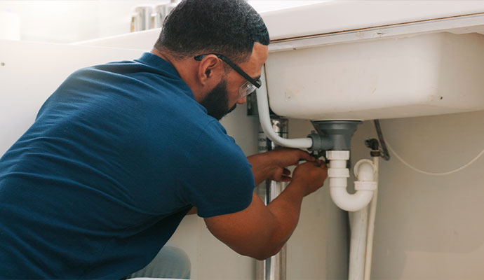 Technician repairing sink drain pipe plumbing