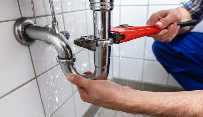 Technician tightening leaking sink drain pipe with wrench
